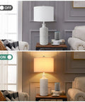 Farmhouse Ceramic Table Lamp With White Fabric Shade, Modern Tall Desk Lamp, On and Off in Cozy Living Room Setup, Bulb Not Included