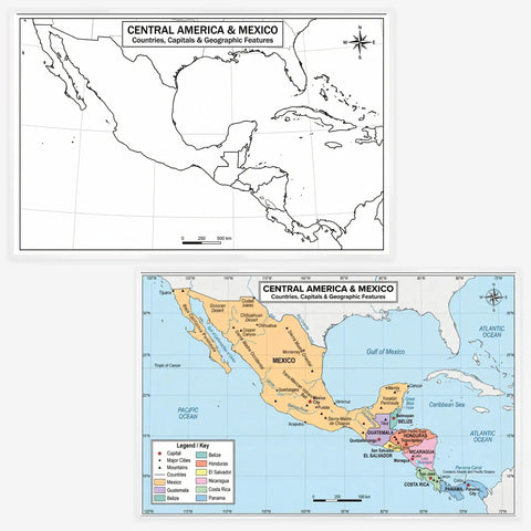 11x17 Laminated Dry Erase Central America And Mexico Map, Double Sided With Color Front And Blank Outline Back, Reusable Geography Chart