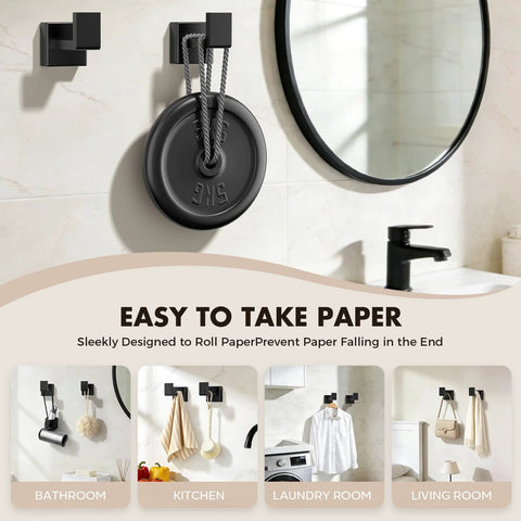 Matte Black 5 Piece Bathroom Hardware Set Made Of SUS304 Stainless Steel Wall Mounted Towel Bar Towel Ring Toilet Paper Holder And Two Towel Hooks For Rust Resistant Durability And Modern Bathroom Organization displayed in bathroom with decorative theme.