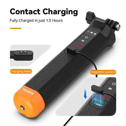 Floating Selfie Stick With Bluetooth Remote Waterproof Hand Grip For GoPro Hero 13 12 11 10 9 8 showing contact charging feature