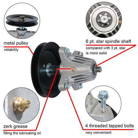 Spindle Assembly Replacement for Cub Cadet MTD Lawn Mower Decks 42 Inch and 30 Inch with pulley and zerk fitting features highlighted