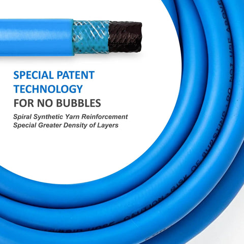 Heavy Duty Hybrid Air Compressor Hose Delivers Sweet Smooth Airflow And Rock Solid 300 Psi Pressure In A Hella Durable Kink Resistant Design at close-up angle.