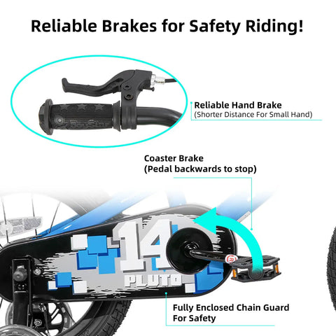 Close-up of reliable brakes and chain guard on 14 Inch BMX Style Kids Bike Pluto With Training Wheels For Boys And Girls, Blue.