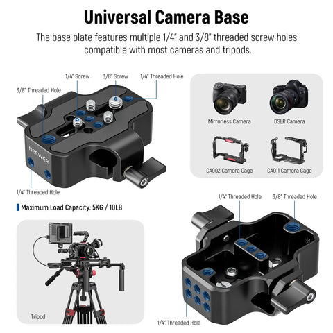 Universal camera baseplate with screw holes for mirrorless and DSLR on On The Go Shoulder Rig Kit With 16 Inch 15mm Rod System Pro Level