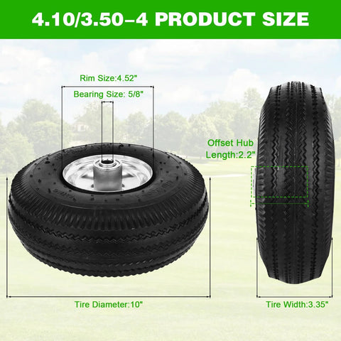 10 Inch Pneumatic Wheel Set With 4.10/3.50-4 Tire, 2.2 Inch Offset Hub And 5/8 Inch Bearings, product dimensions and specifications
