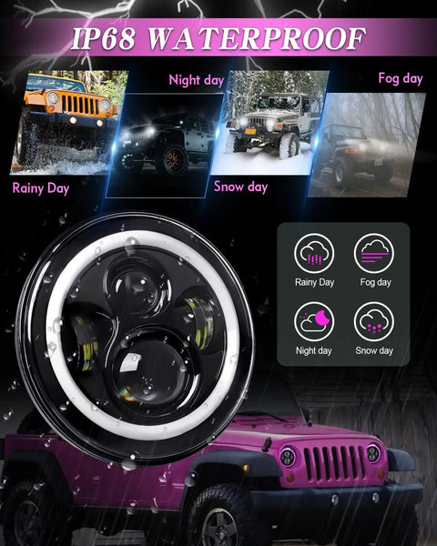 7 Inch LED Headlights With Pink Purple Halo Ring, waterproof for all weather conditions, displayed with Jeep in rain and snow