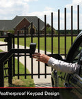Wireless Weatherproof Gate Keypad FM137 in use at a driveway gate, black numeric access pad with simple programming