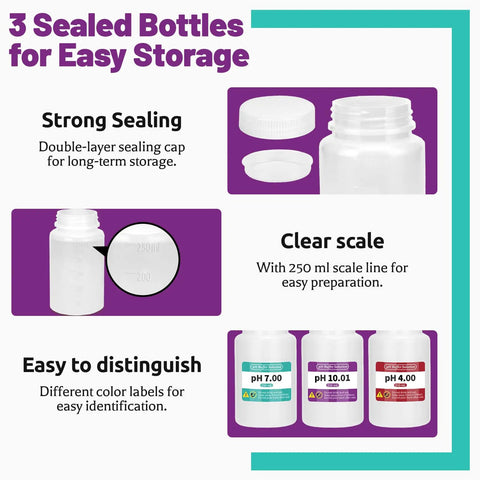 15 Pack pH Calibration Buffer Kit With pH 4.00 7.00 And 10.01 Powders Includes Three Airtight Bottles For Easy Prep And Long Term Storage Ultra High Accuracy For Water Beverages And Lab Meters Pro Grade, featuring three sealed bottles with clear scale and color labels