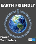 Earth illustration with power symbol highlighting eco-friendly commitment to safety and reliability.