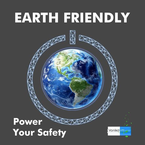 Earth illustration with power symbol highlighting eco-friendly commitment to safety and reliability.