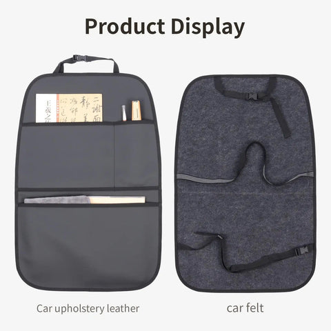 Waterproof Leather Back Seat Protector With Three Storage Pockets Anti Kick Mat For Kids And Pets Universal Car Seat Organizer Cover For SUVs Sedans Minivans And Trucks Two Pack Black showing front and back view with storage pockets and straps