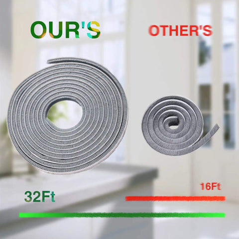 Comparison of 32.8 Ft Self Adhesive Weather Stripping Seal Strip for Windows and Doors vs a 16 Ft roll, showing size difference.
