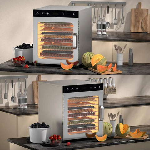 Heavy Duty 10 Tray Electric Food Dehydrator With Digital Temp Control Timer For Meat Beef Jerky Fruit Veggies, filled with colorful dried fruits.