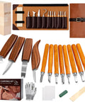 Deluxe Wood Carving Kit With Leather Case All In One Whittling Tools Set Featuring 4 Pro Grade Knives 8 Detail Blades 8 Basswood Blocks
