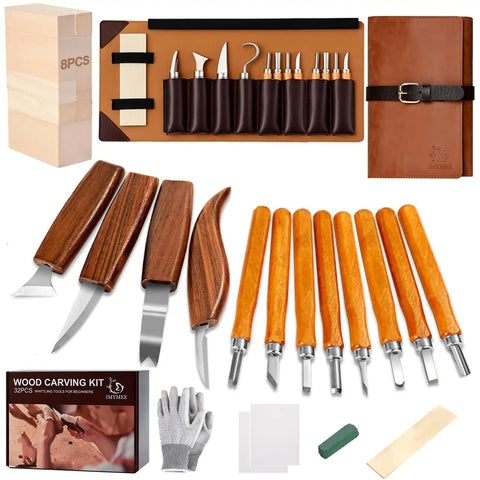 Deluxe Wood Carving Kit With Leather Case All In One Whittling Tools Set Featuring 4 Pro Grade Knives 8 Detail Blades 8 Basswood Blocks