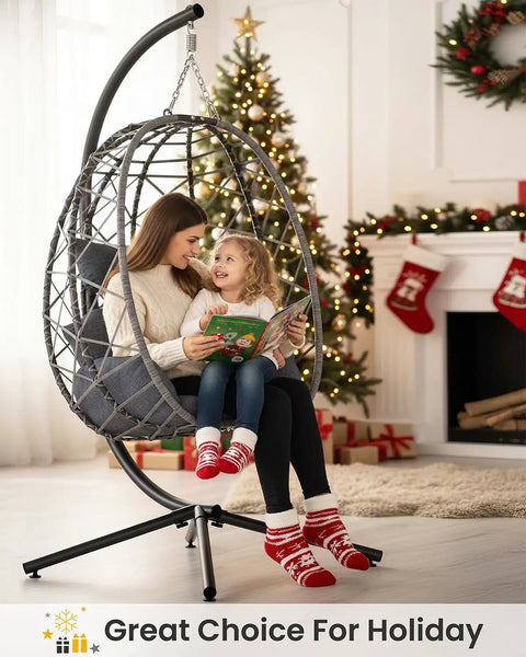 Outdoor Hanging Egg Chair With Stand Wicker Rattan Swing Chair in living room with Christmas decorations and people sitting