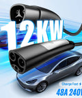 Heavy Duty Tesla Charger Extension Cable 21 Ft And 48 Amp Nacs Ev Cord with black plug and EV car in background