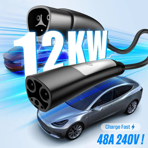 Heavy Duty Tesla Charger Extension Cable 21 Ft And 48 Amp Nacs Ev Cord with black plug and EV car in background