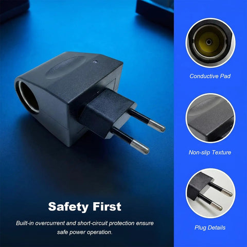 No Brainer Ac To Dc Converter With 12 Volt Cigarette Lighter Socket Adapter For 90 To 240 Volt Wall Plugs Smooth 500 Ma Output, showing plug design and features.