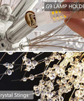 Detail of G9 lamp holder and crystal stings on 9 Light Chrome Crystal Dandelion Firework Chandelier With Adjustable 78 Inch Cord