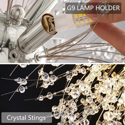 Detail of G9 lamp holder and crystal stings on 9 Light Chrome Crystal Dandelion Firework Chandelier With Adjustable 78 Inch Cord