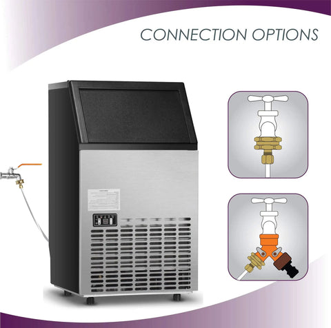 Ice maker with various hose connection options and fittings for garden adapters