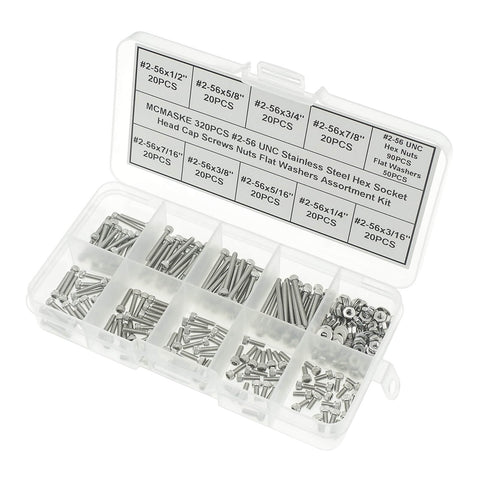 304 Stainless Steel Socket Knurled Head Cap Screws Size 2 56 UNC, 320 Piece Hardware Kit With Hex Nuts And Flat Washers in plastic box