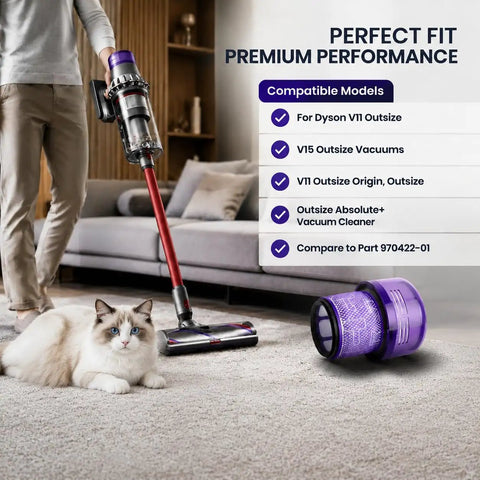 Person vacuuming carpet with vacuum cleaner; Three Pack HEPA Filter Replacements For V11 Outsize Series Vacuum Cleaners visible