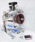 Top Notch Semi Automatic Round Bottle Labeling Machine With A Slick Label Applicator And 110V Wall Plug Power For Quick Setup And Rock Solid Heavy Duty Performance with stainless steel components.