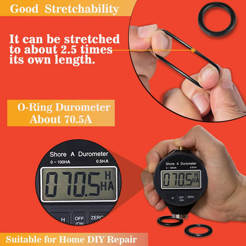 XBVV universal O-ring kit promo; hands stretch a black Buna-N O-ring; durometer readout shows about 70.5A on dial.