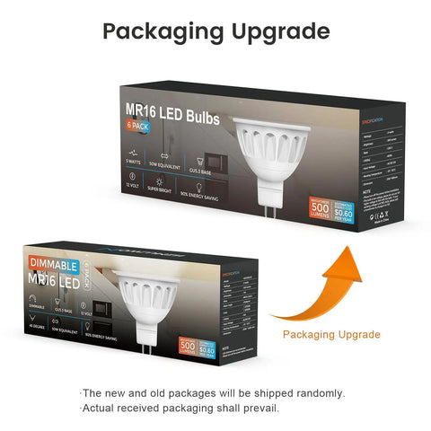 Dimmer Friendly MR16 LED Bulbs, 5W, 50W Equivalent, 2700K Warm White, packaging upgrade for track lighting lamps, 6 pack