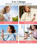 Women using 3 In 1 Personal Neck Fan And Handheld USB Rechargeable Mini Fan With 5 Speed LED Display, lightweight and travel-ready, pink.