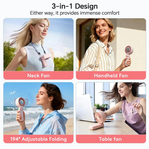 Women using 3 In 1 Personal Neck Fan And Handheld USB Rechargeable Mini Fan With 5 Speed LED Display, lightweight and travel-ready, pink.