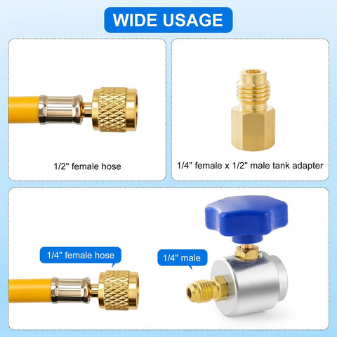 R134a Self Sealing Can Tap Valve With Refrigerant Tank Adapter For Acme Thread Auto Ac Units, assorted hose connections and adapters.