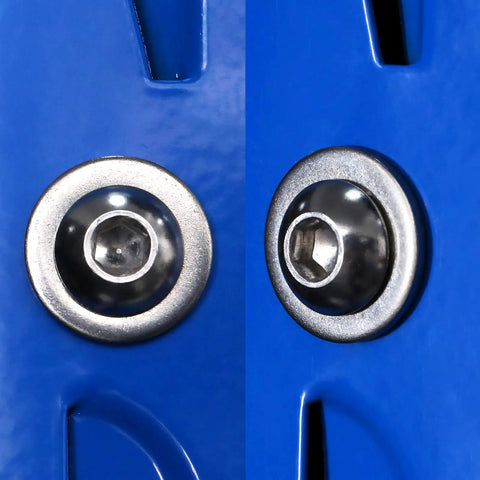 Built Like A Tank 1/4-20 X 3/4 Button Head Socket Cap Bolts 10 Pack showing hex drive detail on blue surface.