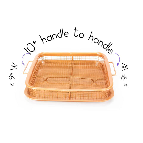 Must Have Air Fry Crisping Basket And Tray Set For Even Cooking Nonstick Copper Finish 9 Inch By 10 Inch 2 Piece Kit With Grease Catcher