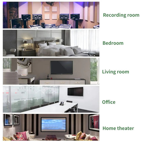 Four distinct rooms showcasing 12 Pack Soundproof Acoustic Wall Panels With Strong Adhesive Backing Textured Polyester Fiber Noise Reduction Tiles For Home Studio Bedroom Setup Snag Peaceful Vibes Right Now.
