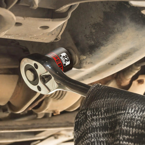 Knockout 50 Piece Impact Socket Set With 3/8 Inch Drive Sae And Metric Sizes featuring 22mm socket wrench under vehicle.