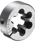 Close-up of a Metric M18x2.5 HSS titanium plated die, alloy steel round with visible threading for metalworking.