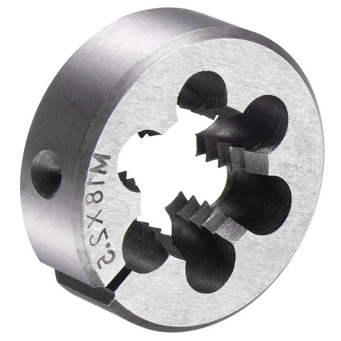 Close-up of a Metric M18x2.5 HSS titanium plated die, alloy steel round with visible threading for metalworking.