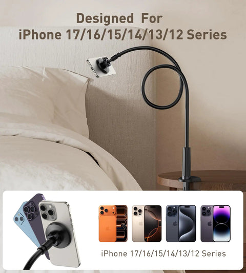 Magnetic Gooseneck Phone Holder Mount for iPhone 17 16 15 14 13 12 With 360 Degree Rotation Tabletop Clamp And Adjustable Stand