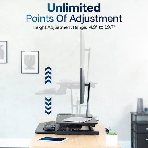 Height Adjustable 32 Inch Desk Converter With Sit To Stand Quick Elevation Tabletop Dual Monitor Riser on desk