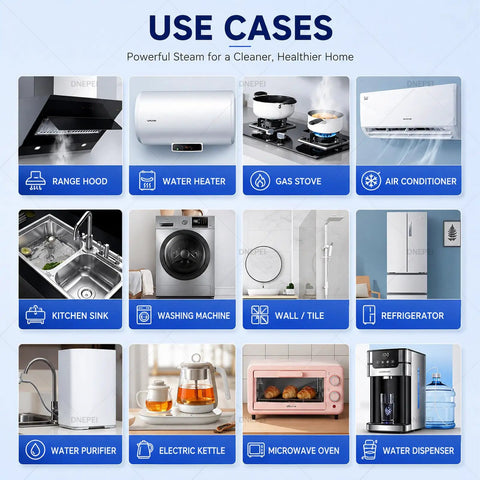 Image showing various use cases for the Powerful 1700W Portable Steam Cleaner With High Pressure Dry Vapor At 120 Degrees C.