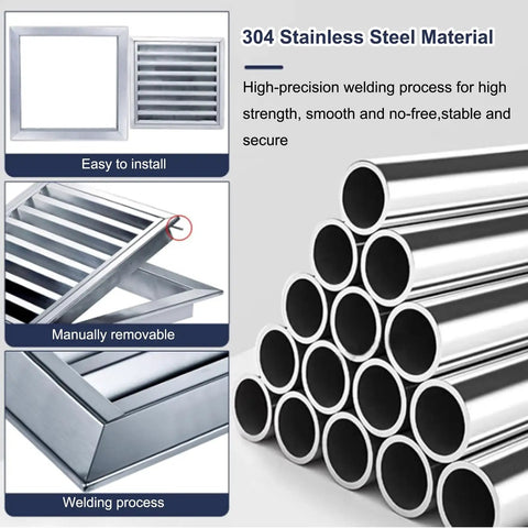Stylish Gable Vent Louvered Access Panel For Wall Or Ceiling Inspection Hatch With Tight Mesh Filter For No Sweat Drywall Patch And Chill Fresh Airflow Throughout Indoor Spaces, showing 304 stainless steel material and installation details.
