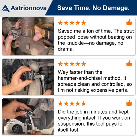 Astrionnova universal suspension strut spreader tool, dual-end; 3 views: close-up knuckle, side use, installed.