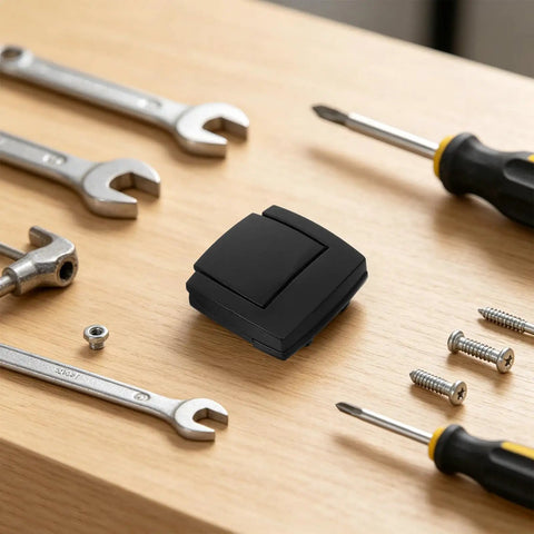 Black Alloy Toggle Latches 2 Pack Keyless Flatbottom Design among tools on a wooden surface