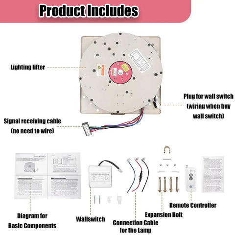 Heavy Duty Pendant Light Lifter 2-In-1 Chandelier Hoist components including wall switch and remote control