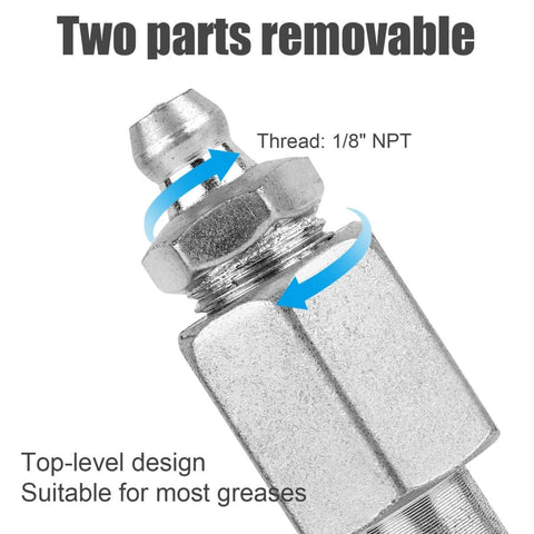 Grease Needle Gun Nozzle Kit With Six Nozzles And One Dispenser, showing thread 1/8" NPT and removable parts.