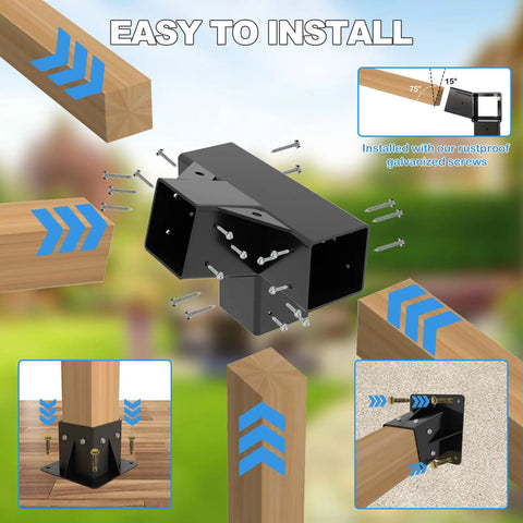 No-Fuss 15 Degree Lean Pergola Kit 4x4 Post Brackets, 4-Way Slanted Roof Brackets, Angled Post Base For Outdoor Wood Beams, DIY Gazebo Carport Sunroom Cabin Hardware Kit