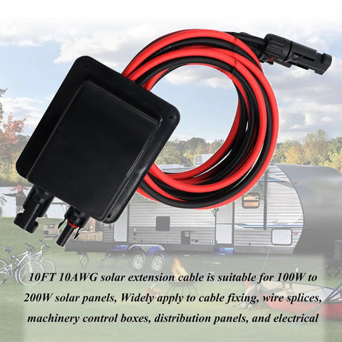 Weatherproof Solar Cable Entry Gland and Junction Box For RVs Boats And Vehicles Through Roof Pass Through With 10 Ft 10 AWG Solar Extension Cable And Easy Glue Or Screw Install No Fuss shown with red and black cables against RV backdrop